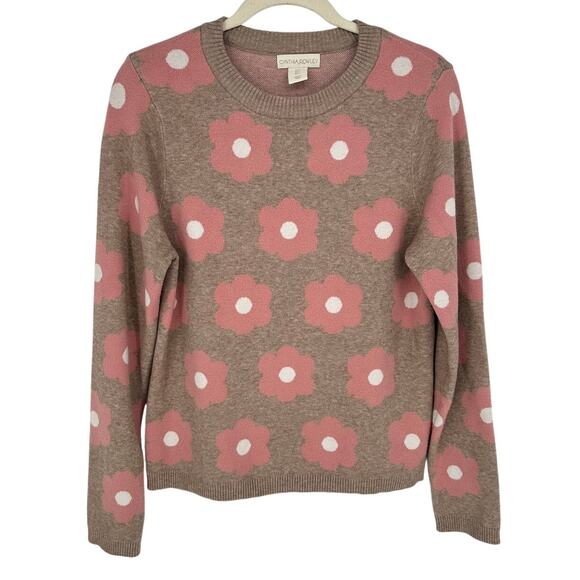 Cynthia Rowley Cream Crewneck Sweater Pink Floral Print Crewneck Winter Soft L - Picture 1 of 7